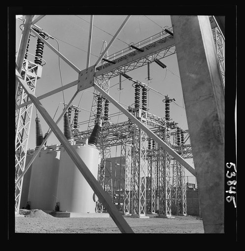 Las Vegas, Nevada. Transmission towers and transformers redistributing power from Boulder Dam to Basic Magnesium Incorporated, which produces huge quantities of the lightest of all metals for aircraft and other wartime manufacturing