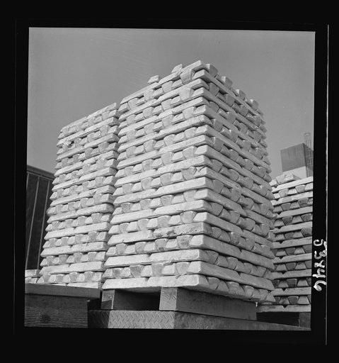 Las Vegas, Nevada. Stacks of magnesium ingots ready for war use by manufacturers of aircraft and tracer bullets, produced by the Basic Magnesium Incorporated plant in the southern Nevada desert