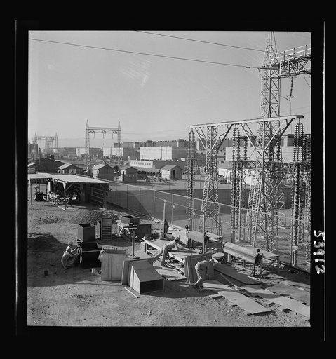 Untitled photo, possibly related to: Las Vegas, Nevada. A mass of transmission towers and transformers redistributing power from Boulder Dam to Basic Magnesium Incorporated, which produces huge quantities of the lightest of all metals for aircraft and other wartime manufacturing