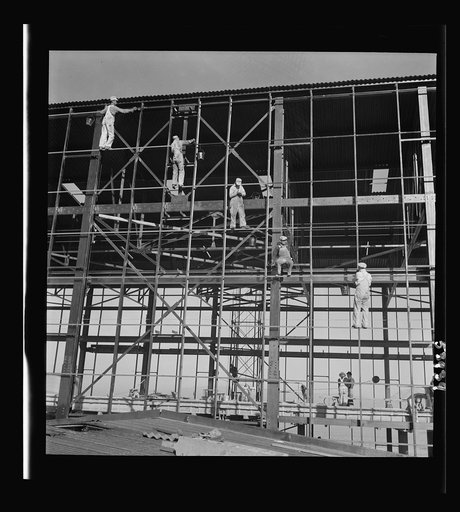 Untitled photo, possibly related to: Las Vegas, Nevada. Painters at work seventy feet above ground on the gigantic construction of the Basic Magnesium Incorporated plant in the southern Nevada desert