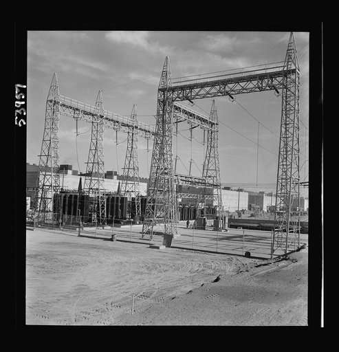 Untitled photo, possibly related to: Las Vegas, Nevada. A mass of transmission towers and transformers redistributing power from Boulder Dam to Basic Magnesium Incorporated, which produces huge quantities of the lightest of all metals for aircraft and other wartime manufacturing