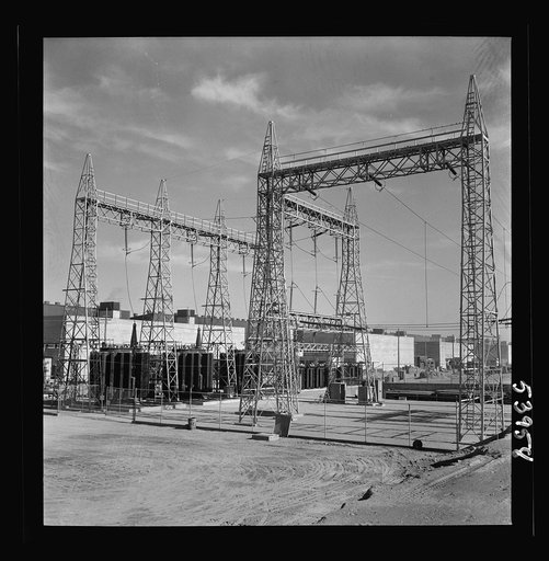 Untitled photo, possibly related to: Las Vegas, Nevada. A mass of transmission towers and transformers redistributing power from Boulder Dam to Basic Magnesium Incorporated, which produces huge quantities of the lightest of all metals for aircraft and other wartime manufacturing