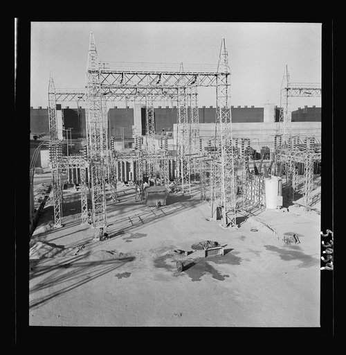 Untitled photo, possibly related to: Las Vegas, Nevada. A mass of transmission towers and transformers redistributing power from Boulder Dam to Basic Magnesium Incorporated, which produces huge quantities of the lightest of all metals for aircraft and other wartime manufacturing