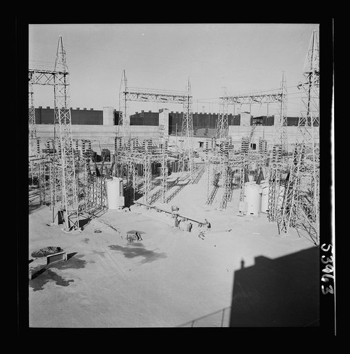 Untitled photo, possibly related to: Las Vegas, Nevada. A mass of transmission towers and transformers redistributing power from Boulder Dam to Basic Magnesium Incorporated, which produces huge quantities of the lightest of all metals for aircraft and other wartime manufacturing