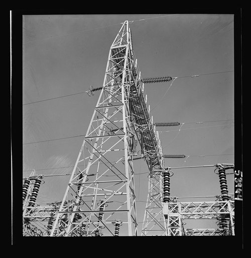 Untitled photo, possibly related to: Las Vegas, Nevada. A mass of transmission towers and transformers redistributing power from Boulder Dam to Basic Magnesium Incorporated, which produces huge quantities of the lightest of all metals for aircraft and other wartime manufacturing