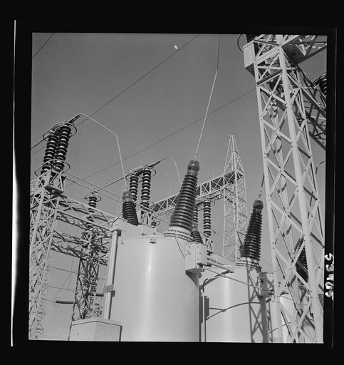Untitled photo, possibly related to: Las Vegas, Nevada. A mass of transmission towers and transformers redistributing power from Boulder Dam to Basic Magnesium Incorporated, which produces huge quantities of the lightest of all metals for aircraft and other wartime manufacturing
