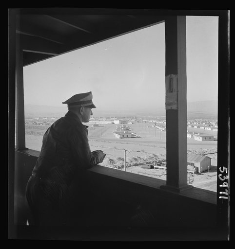 Untitled photo, possibly related to: Las Vegas, Nevada. A view from a watchtower, showing the Basic Magnesium Incorporated plant, its 1,000 unit housing development, transmission lines and roads