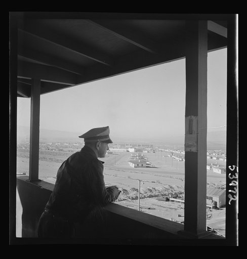 Untitled photo, possibly related to: Las Vegas, Nevada. A view from a watchtower, showing the Basic Magnesium Incorporated plant, its 1,000 unit housing development, transmission lines and roads