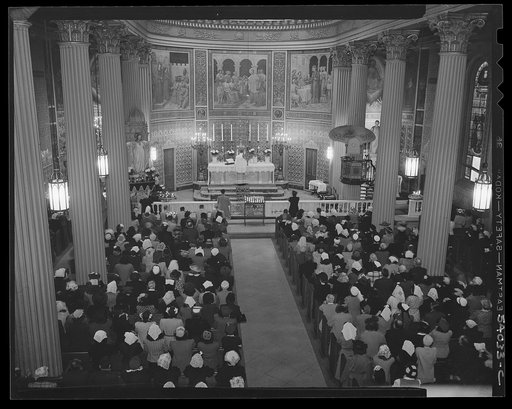 New York, New York. June 6, 1944. Noon mass at Saint Vincent de Paul's Church on D-day