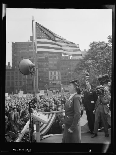 New York, New York. June 6, 1944. A woman addressing the crowd at the D-day rally at Madison Square
