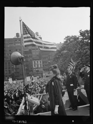 New York, New York. June 6, 1944. Lily Djanel at the D-day rally in Madison Square