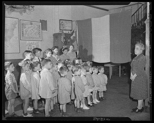 New York, New York. June 6, 1944. Preschool age children at L'Ecole maternelle francaise on D-day