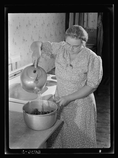 After washing and sorting, Mrs. Wright Hendricks blanches prunes