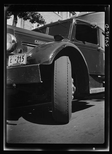 Untitled photo, possibly related to: Washington, D.C. A close-up view of a tire on a commercial truck