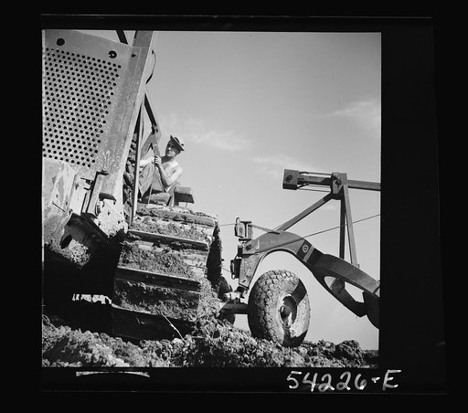 Fort Blvoir, Virginia. A soldier operating a heavy duty tractor