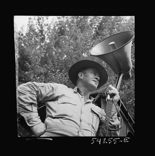 Untitled photo, possibly related to: Fort Belvoir, Virginia. A sergeant issuing orders over a loud speaker