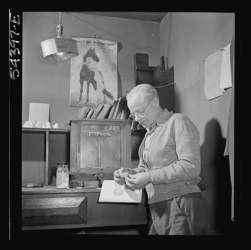 Untitled photo, possibly related to: Kingman (vicinity), Arizona. Mr. Relling, in the laboratory, analyzing tungsten ore and concentrates in a plant near the Boriana mines where the chromium-like metallic elements are obtained