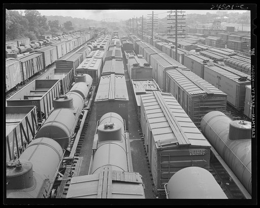 Untitled photo, possibly related to: Chattanooga, Tennessee. Freight cars and oil tanks in the railroad yards