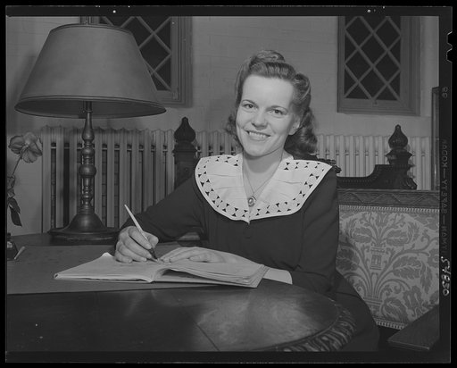 Washington, D.C. A portrait of Miss Edith Leppanen, of Ironwood, Michigan, who does secretarial work at the Office for Civilian Defense, is President of the Walsh Club for war workers, located at 1523 22nd Street, N.W.