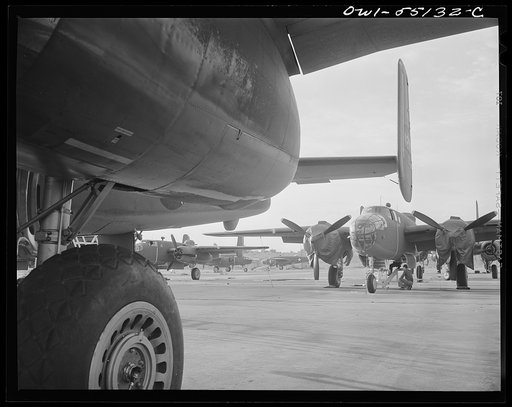 Kansas City, Kansas. B-25 bombers on the flight ramp ready for a test flight at the North American Aviation, Inc.