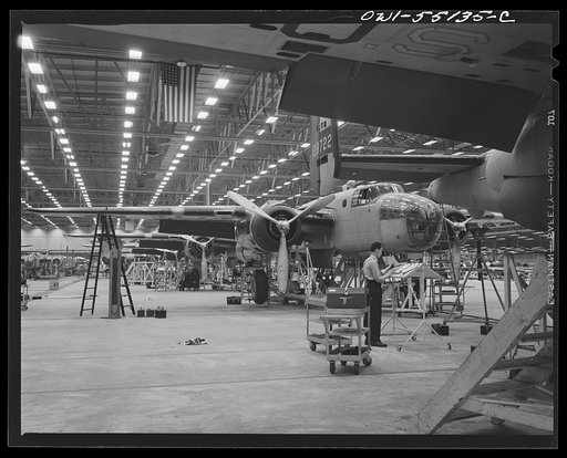 Kansas City, Kansas. A partial view of huge indoor assembly line of B-25 bombers at North American Aviation Inc.