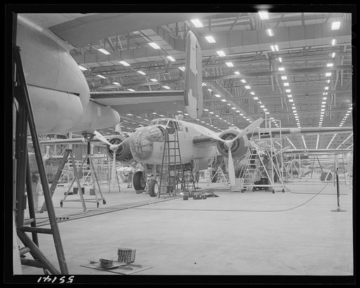 Kansas City, Kansas. The interior of an assembly line, showing a B-25 bomber in the foreground at the North American Aviation Inc. plant