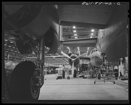 Kansas City, Kansas. The interior view of an assembly line of B-25 bombers at North American Aviation Inc.