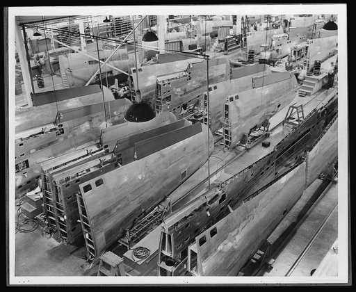 A partial view of North American Aviation's wing assembly department