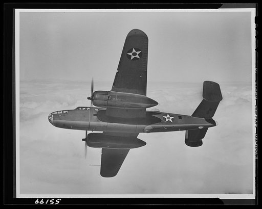 This North American B-25 bomber, similar to the type used to bomb Tokyo, has established a unique combat record in several war theaters. Lieutenant General Henry H. Arnold, deputy chief of staff for air, said the B-25 can "go farther, faster, and carry more bombs than the best ships of our enemy"