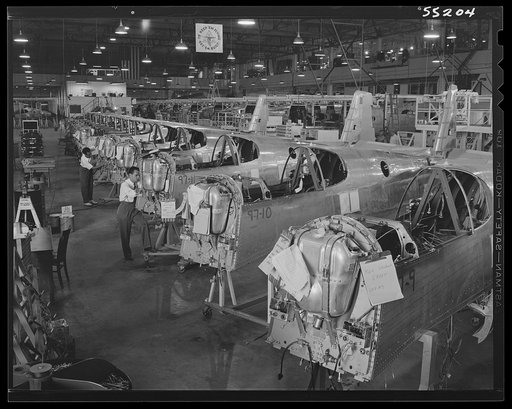 One of the North American P-51 fighter fuselage assembly lines