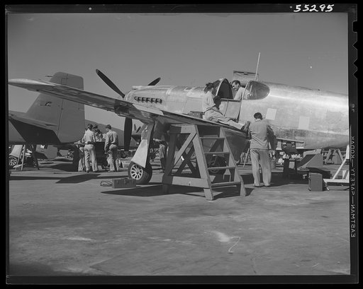 Final assemblies are added to a North American P-51 on the "Sunshine" assembly line