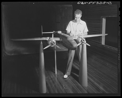 A scale model of North American's B-25 bomber is placed in the company's new wind tunnel