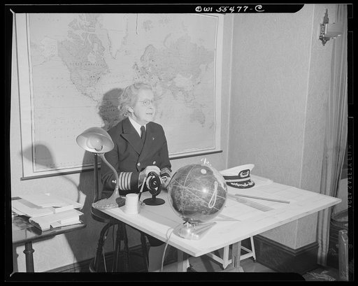"Captain" Mary Converse, instructing V-7 (candidates for United States Navy ensign commissions) students in use of sextant, compass and gyroscope and in navigation