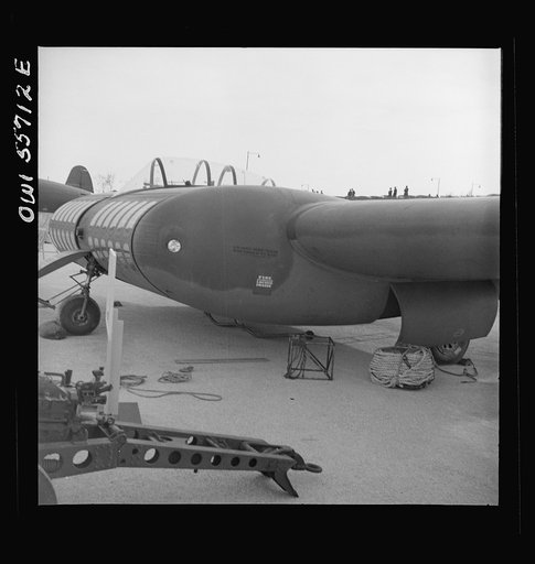 Front side view of experimental glider having a large payload, but limited cargo space.This design is part of the study which has been made to determine the limit in size for tactical usefulness of gliders