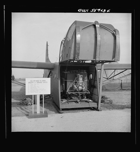 Glider used to carry utility and service units. Shown at demonstration of equiment held by United States Army Air Forces. Cargo space is large enough to hold a jeep and six men or a 75mm pack Howitzer, with crew