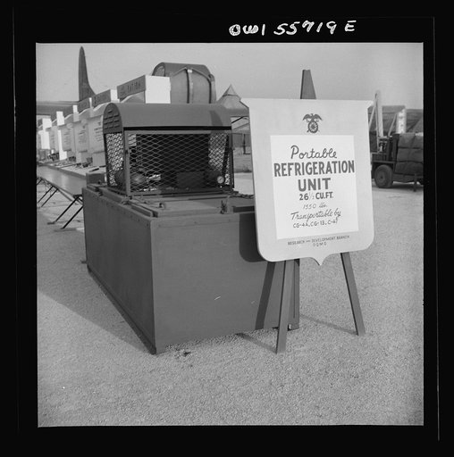 Portable refrigeration unit. Weighs 1,550 pounds, is gasoline operated, will hold meat rations for 400 men, and is sturdy enough to survive a four or five foot drop from a glider. Shown at demonstration of equipment held by the United States Army Air Forces