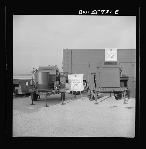 Trailer-mounted laundry unit. Airborne, this unit weighs 2,465 pounds, will clean and dry 40 pounds of laundry per hour and will serve up to 600 men