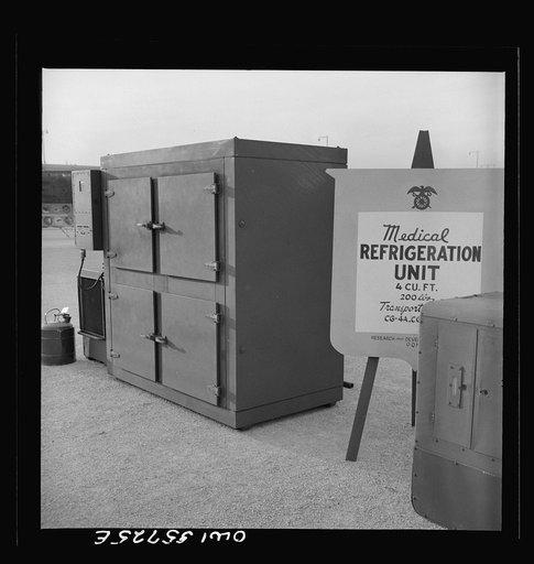 Medical refrigeration unit. An airborne unit which transports medical supplies. Shown in demonstration of equipment held by United States Army Air Forces
