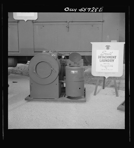 Laundry unit for small detachments. Weighing 2,465 pounds this airborne laundry unit will clean and dry 40 pounds of laundry per hour and will serve up to 600 men. Shown at demonstration of equipment held by United States Army Air Forces