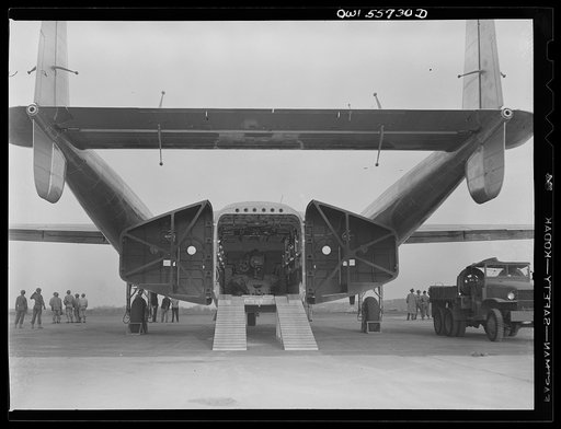 C-82. Newest transport shown at demonstration of equipment held by United States Army Air Forces. First war plane designed solely for hauling military cargo: troops, paratroops and equipment up to the size of tanks. This aircraft is now in production for the Army Air Forces