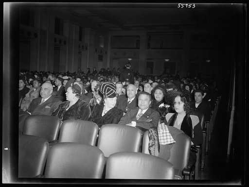 Audience at the ceremony held in the auditorium of the U.S. Department of the Interior at the dedication of a mural painting commemorating a free public concert given by Marian Anderson on the steps of the Lincoln Memorial on Easter Sunday, 1939