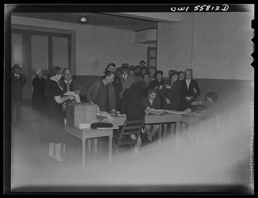 Arlington, Virginia. Citizens at the Wilson High School waiting to vote in the national presidental election. The election started at 7:45 a.m., and a continuous stream of people, mostly men, came in. The women came later in the day