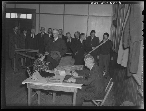 Barnesville, Maryland. Citizens, who will vote in the general election, waiting to have their names checked at the community hall to see if they have registered