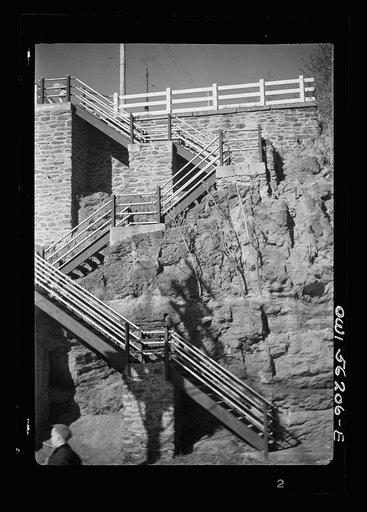 Manayunk, Pennsylvania. This town is built on a steep slope of the Schuylkill riverbank. Stairways at frequent intervals provide vertical shortcuts