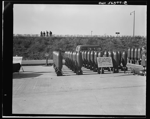 B-29 Super Fortress bomb load. This is the largest laod that the B-29 has carried to date. A total of ten tons
