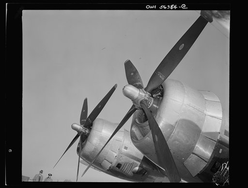 B-29 Super Fortress. View showing propellers of two right-side engines