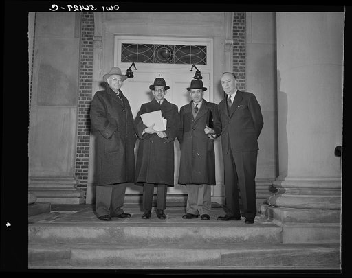 Beltsville, Maryland. Indian scientists visiting the Agricultural Research Center. Left to right: Dr. E.C. Auchter, Prof. J.N. Mukherjee, Dr. N. Ahmad, Dr. Salter