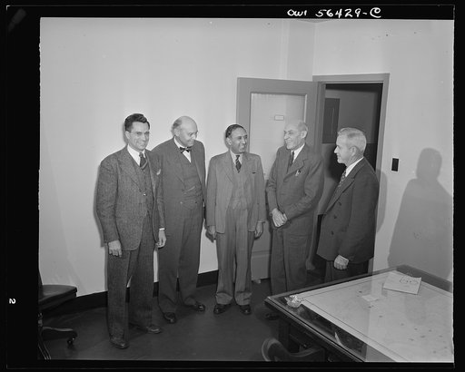 Beltsville, Maryland. Indian scientists visiting the Agricultural Research Center. Left to right: Dr. E.E. Berkley, Dr. E.C. Auchter, Dr. N. Ahmad, Dr. H.W. Barre and Dr. H.D. Barker