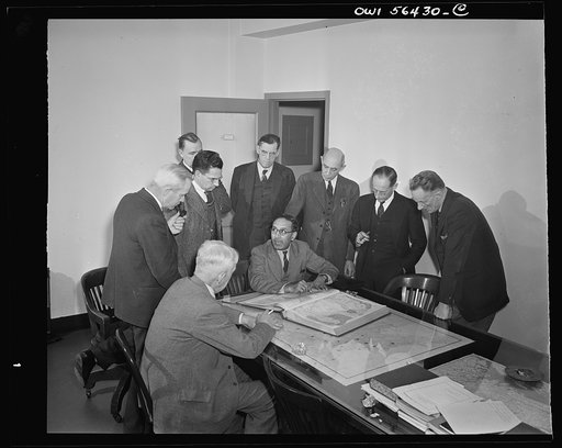 Beltsville, Maryland. Indian scientists visiting the Agricultural Research Center. Left to right: Dr. H.D. Barker, Dr. E.E. Berkley, Dr. B.B. Robinson, Dr. J.O. Ware, Dr. N. Ahmad (seated), Dr. H.W. Barre
