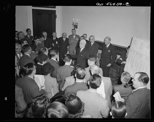 Secretary of State Edward Stettinius at press conference explains the new organization and duties of the Under-Secretary and the assistant secretaries